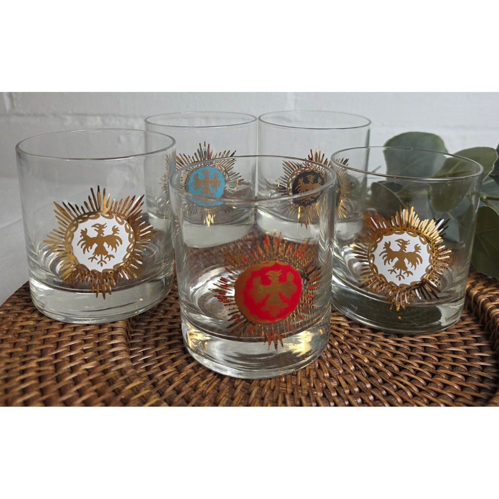 Vintage Set of 5 Mid-Century Modern Gold Medallion Whiskey Glasses Colorful